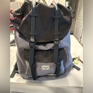 Herschel backpack. Has separate sleeve for laptop. No strap for luggage.